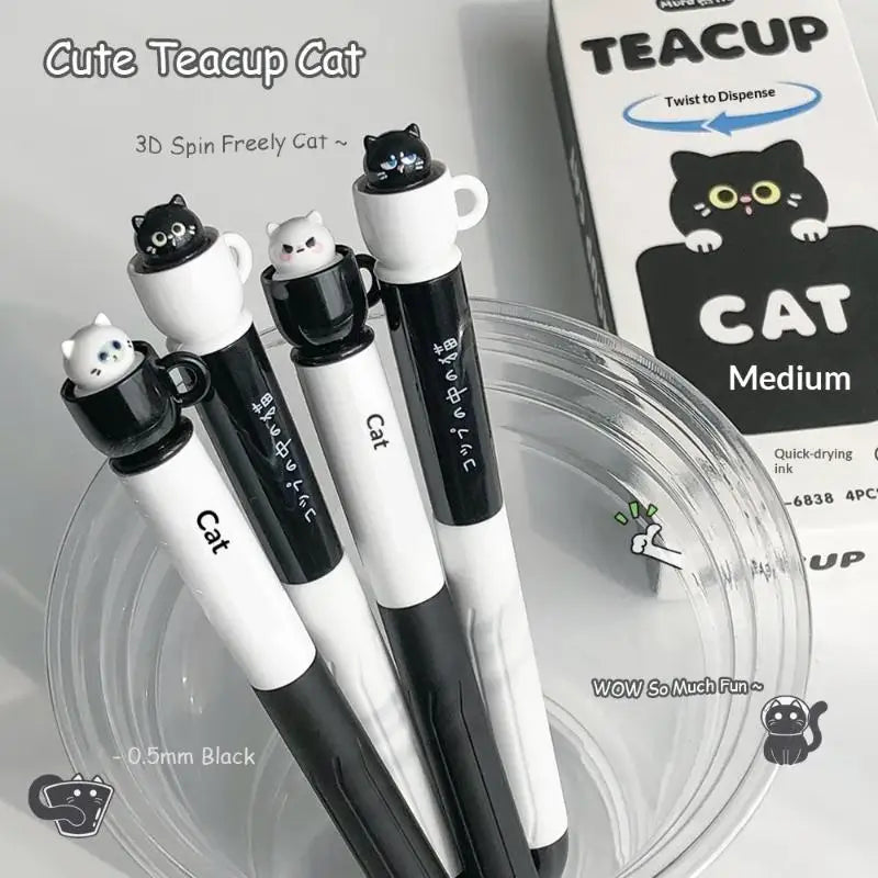 Random 1/4PCS Rotating Cat Pocket Pen Cute Teacup Cat Gel Pens 0.5mm Fun Animal Quick Dry Pen For School & Office Use