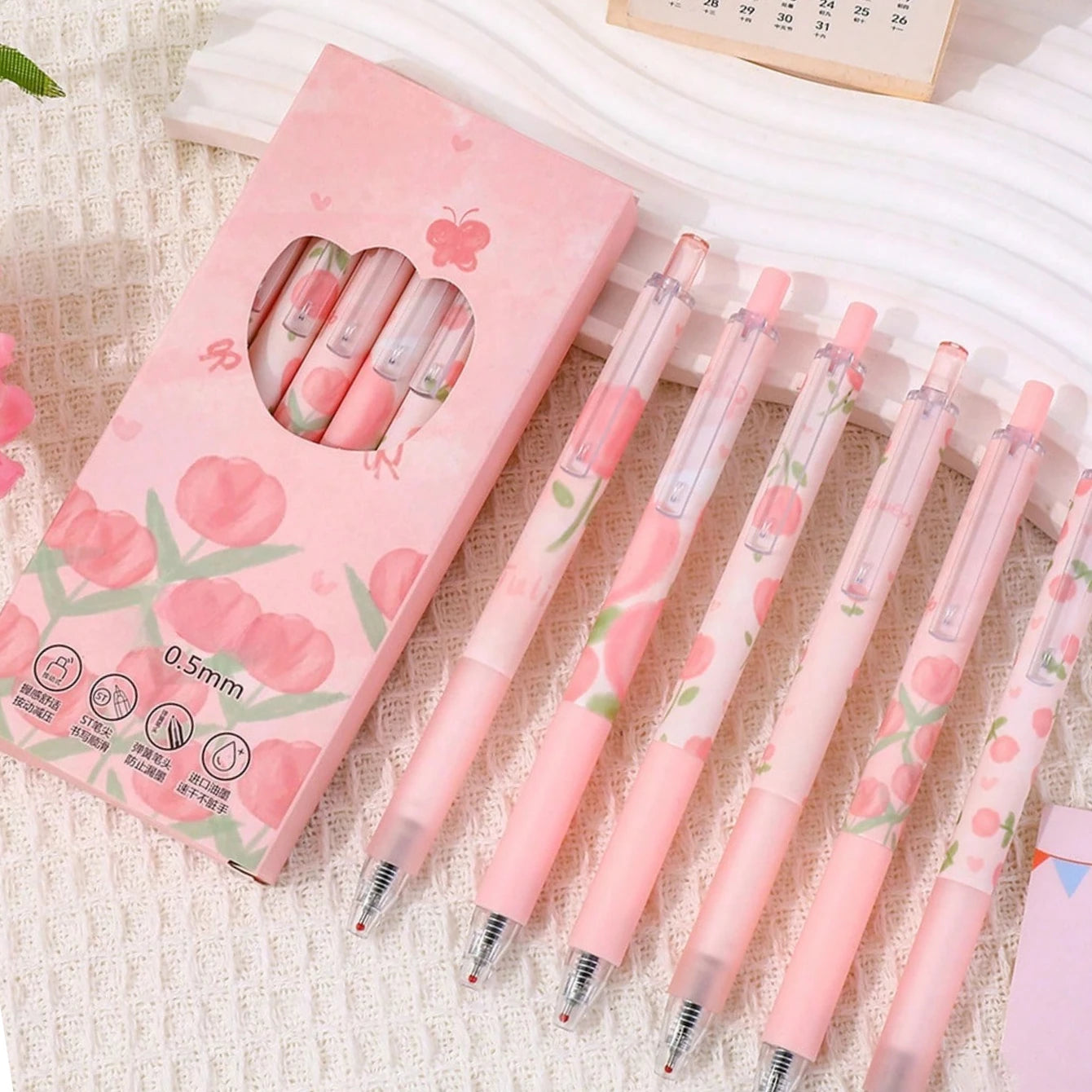 3/6pcs Cute Floral Gel Pens, 0.5mm Fine Point Black Ink – Smooth Writing Retractable Pens, Pink Tulip Design