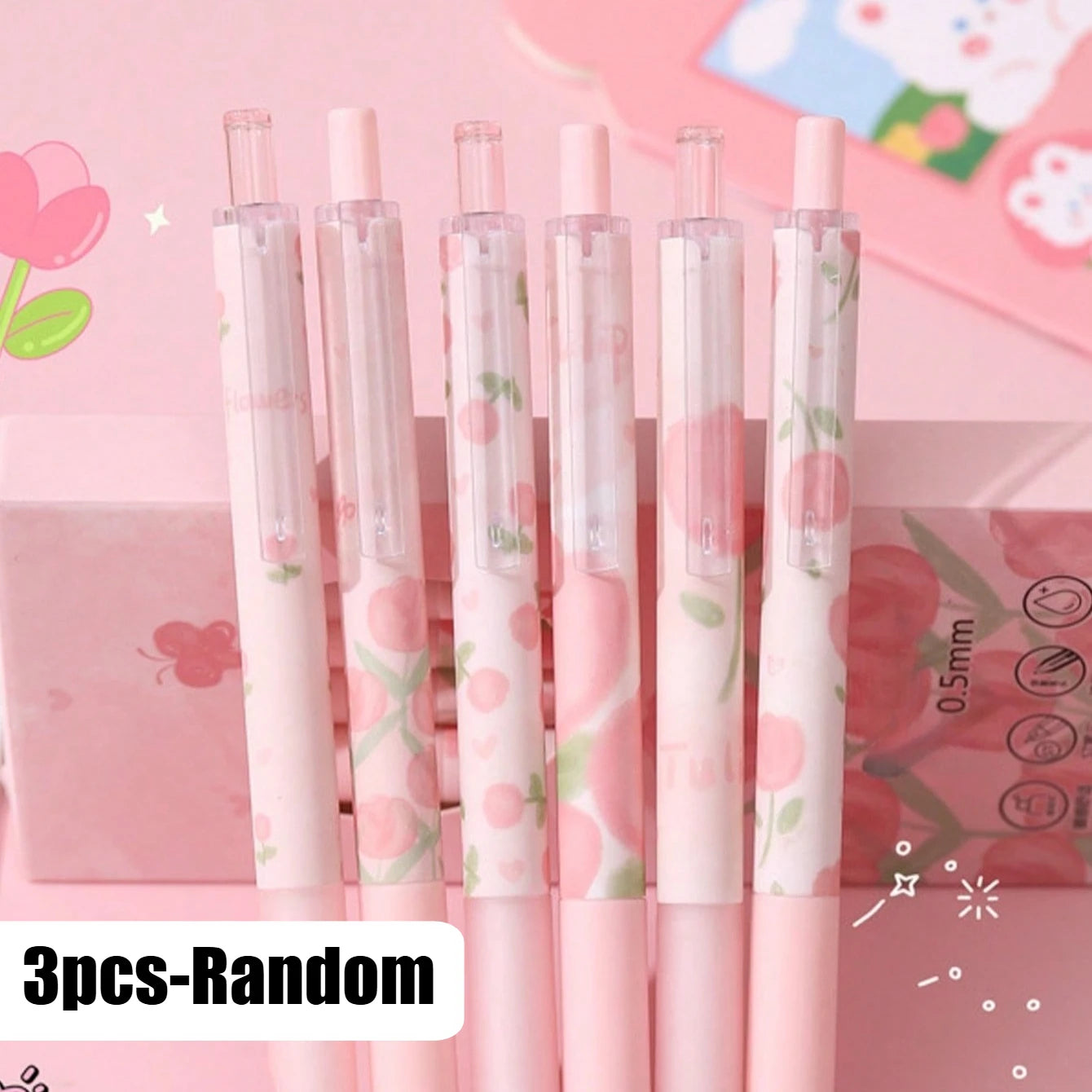 3/6pcs Cute Floral Gel Pens, 0.5mm Fine Point Black Ink – Smooth Writing Retractable Pens, Pink Tulip Design