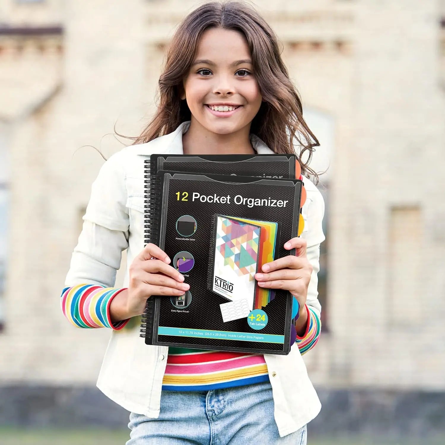 12 pocket project organizer, spiral binder organizer, multi-pocket binder with dividers, back cover utility pocket